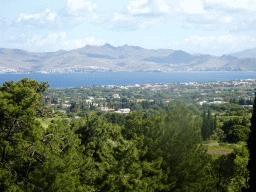 The northeast side of the island with the Entertainment Tent of the Blue Lagoon Resort, the Aegean Sea and the Bodrum Peninsula in Turkey, viewed from the Third Terrace of the Asclepeion