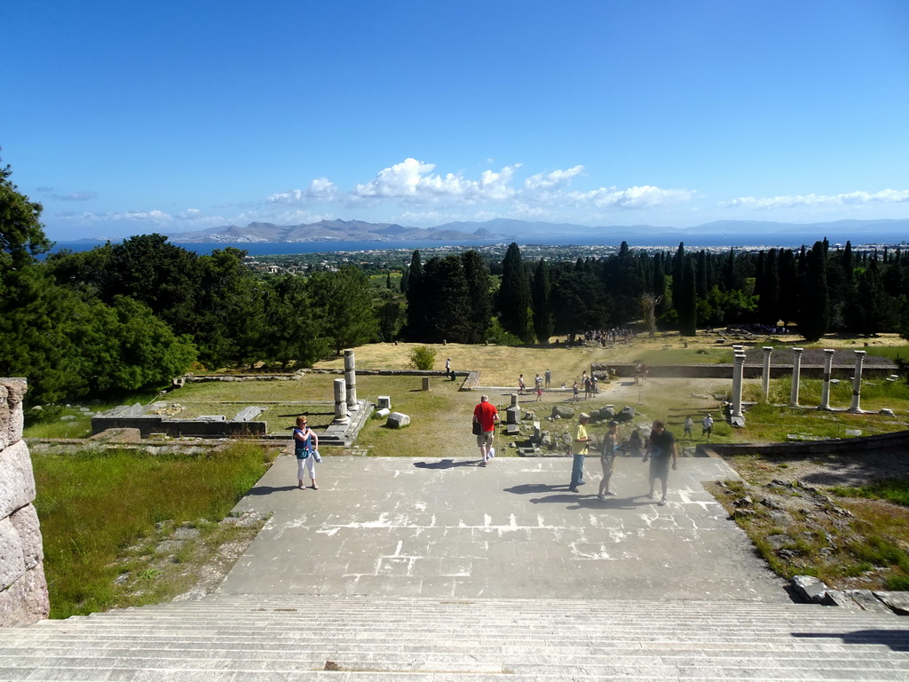 The lower level, First Terrace and Second Terrace of the Asclepeion, the Aegean Sea and the Bodrum Peninsula in Turkey, viewed from the Third Terrace