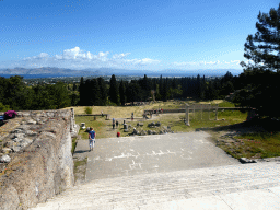 The lower level, First Terrace and Second Terrace of the Asclepeion, the Aegean Sea and the Bodrum Peninsula in Turkey, viewed from the Third Terrace