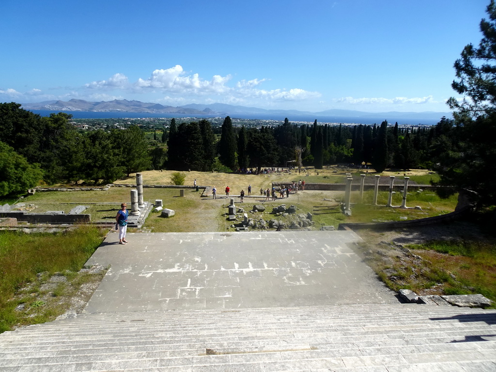 The lower level, First Terrace and Second Terrace of the Asclepeion, the Aegean Sea and the Bodrum Peninsula in Turkey, viewed from the Third Terrace