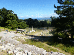 The lower level, First Terrace and Second Terrace of the Asclepeion, the Aegean Sea and the Bodrum Peninsula in Turkey, viewed from the Third Terrace