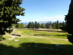 The lower level, First Terrace and Second Terrace of the Asclepeion, the Aegean Sea and the Bodrum Peninsula in Turkey, viewed from the path on the east side