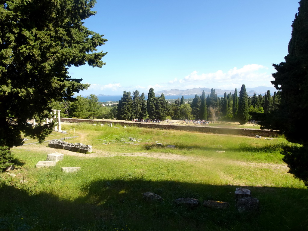 The lower level, First Terrace and Second Terrace of the Asclepeion, the Aegean Sea and the Bodrum Peninsula in Turkey, viewed from the path on the east side