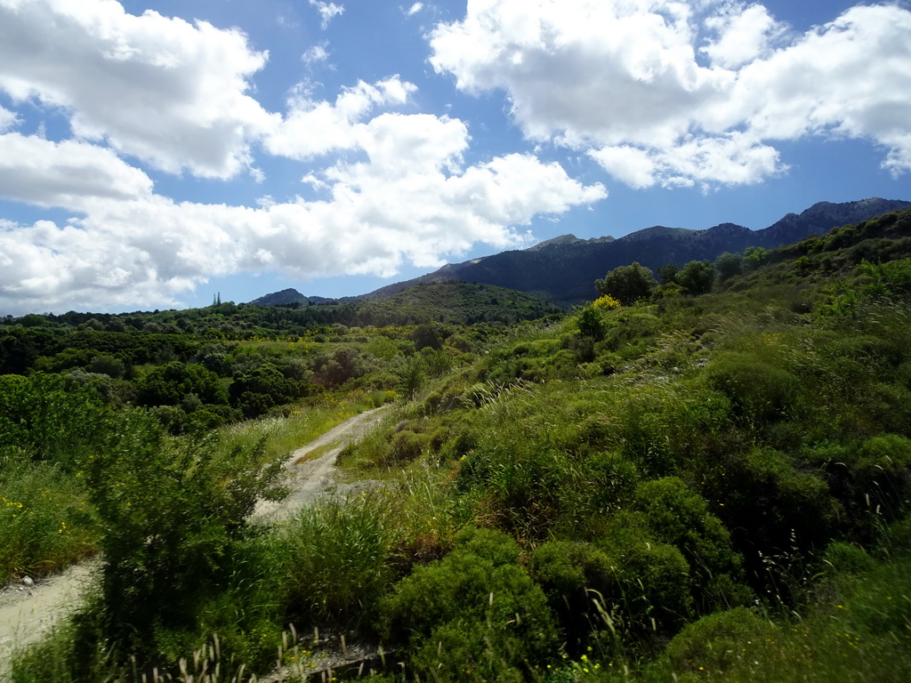 Hills at the north side of the town of Zia, viewed from the tour bus on the Miniera Asfendiou street