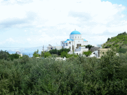 The Holy Church of the Birth of the Virgin Mary at the north side of the town of Zia, viewed from the tour bus on the Miniera Asfendiou street