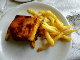 Moussaka and fries at the Taverna Olympia restaurant at the town of Zia