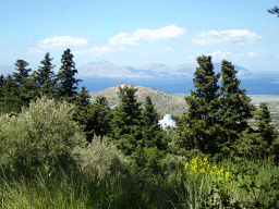 The Holy Church of the Birth of the Virgin Mary, the north side of the island, the Aegean Sea and the island of Kalymnos, viewed from the town of Zia