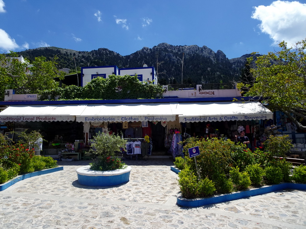 Souvenir shops at the main street of the town of Zia, and Mount Dikeos