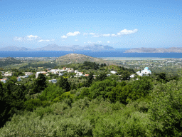 The Holy Church of the Birth of the Virgin Mary, the north side of the island, the Aegean Sea and the islands of Kalymnos and Pserimos, viewed from the viewing point at the north side of the town of Zia