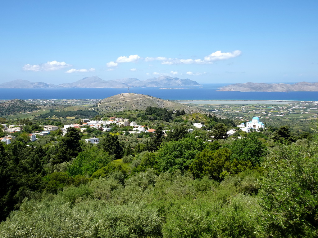 The Holy Church of the Birth of the Virgin Mary, the north side of the island, the Aegean Sea and the islands of Kalymnos and Pserimos, viewed from the viewing point at the north side of the town of Zia