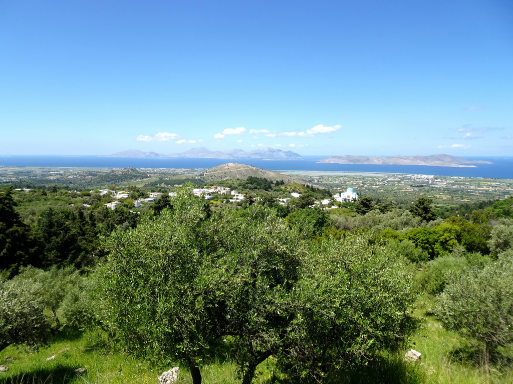 The Holy Church of the Birth of the Virgin Mary, the north side of the island, the Aegean Sea and the islands of Kalymnos and Pserimos, viewed from the viewing point at the north side of the town of Zia