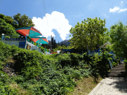 Staircase from the town of Zia to the Zia Church, with the Zia Watermill restaurant