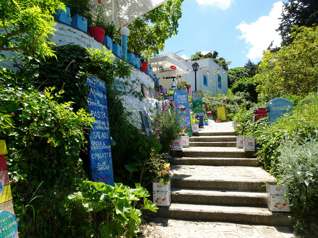 Staircase from the town of Zia to the Zia Church, with the Zia Watermill restaurant