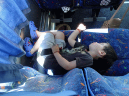 Max sleeping in the tour bus at the Melissa Honey Farm at the east side of the town of Kefalos