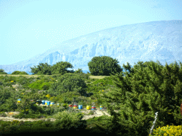 Beehives near the Melissa Honey Farm at the east side of the town of Kefalos, and the mountains on the southwest end of the island