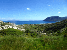 The town of Kefalos, the mountains on the southwest end of the island, the Aegean Sea and the islands of Giali, Nisiros, Pergoussa Nisyrou and Pachia, viewed from the tour bus