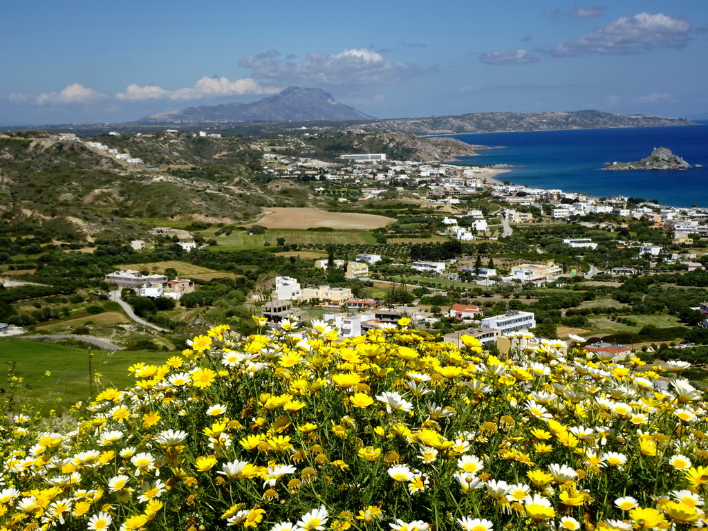 The town of Kefalos, the Aegean Sea, the island of Palaiokastro and Mount Dikeos, viewed from the viewing point at the north side of town