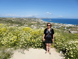 Miaomiao at the viewing point at the north side of the town of Kefalos, with a view on the town, the Aegean Sea, the island of Palaiokastro and Mount Dikeos