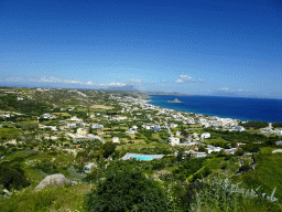 The town of Kefalos, the Aegean Sea, the island of Palaiokastro and Mount Dikeos, viewed from the viewing point at the north side of town