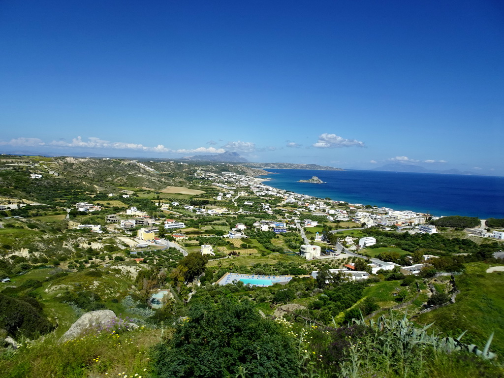 The town of Kefalos, the Aegean Sea, the island of Palaiokastro and Mount Dikeos, viewed from the viewing point at the north side of town
