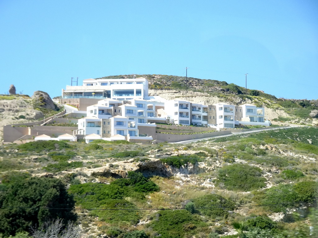 Apartment buildings near Kordistos Beach at the town of Kefalos, viewed from the tour bus on the Eparchiakis Odou Ko-Kefalou street