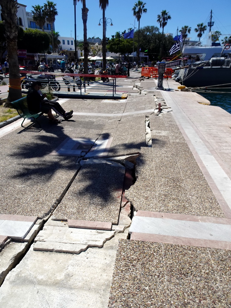 Pavement damaged by the 2017 earthquake at the Akti Kountouriotou street