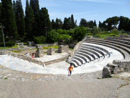 Max climbing the stairs at the Roman Odeum