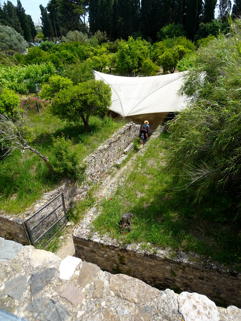 Tent covering mosaics east of the Roman Odeum, viewed from the upper east side