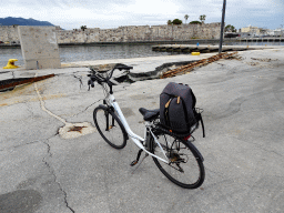 Miaomiao`s rental bike at the east end of Kos Port, with a view on the Neratzia Castle