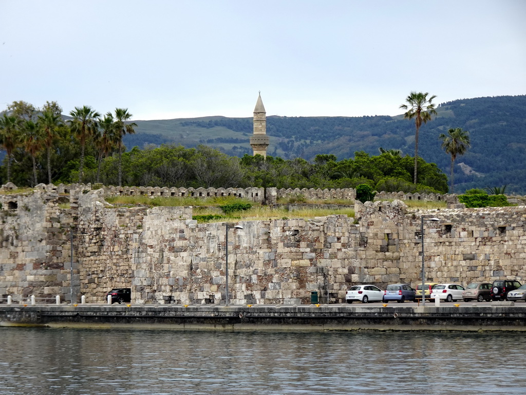 Neratzia Castle and the tower of the Gazi Hassan Pasha Mosque, viewed from the east end of Kos Port