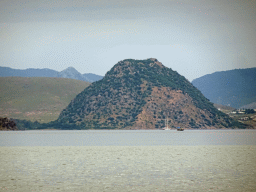 The Aegean Sea and a hill at the Bodrum Peninsula in Turkey, viewed from a pier at the northeast side of Kos Town