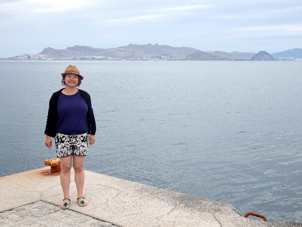 Miaomiao on a pier at the northeast side of Kos Town, with a view on the Aegean Sea and the Bodrum Peninsula in Turkey