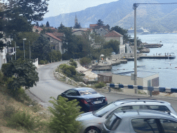 The town of Dobrota with the Church of Saint Eustahije, viewed from the tour bus on the E65 road