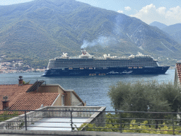 Cruise ship `Mein Schiff` at the bay of Kotor, viewed from the tour bus on the E65 road at the town of Dobrota