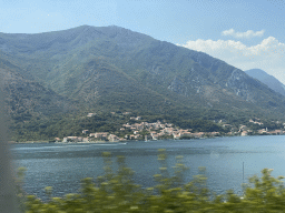 The Bay of Kotor and the town of Prcanj, viewed from the tour bus on the E65 road at the town of Dobrota