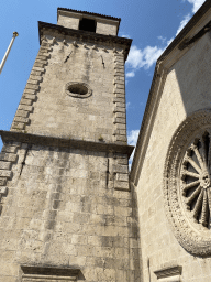 Tower and rose window of St. Tripun`s Cathedral, viewed from the balcony at the upper floor