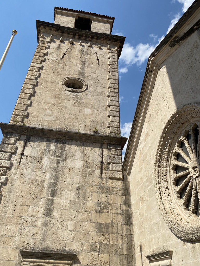 Tower and rose window of St. Tripun`s Cathedral, viewed from the balcony at the upper floor