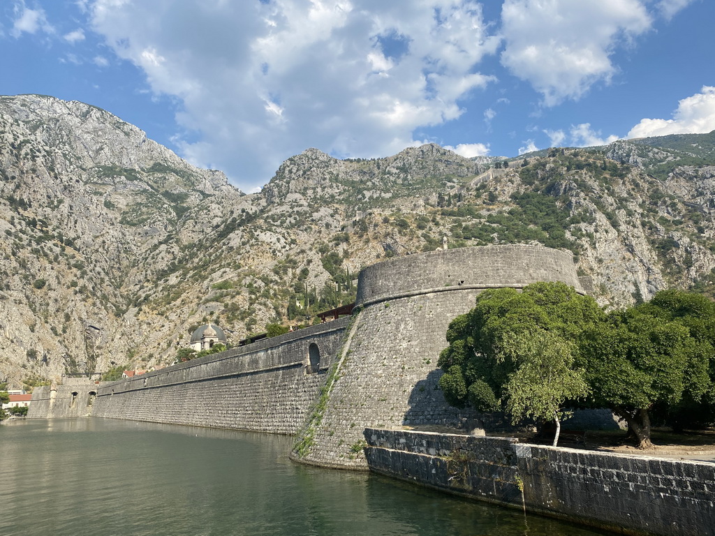 The Scurda river, the Kampana Tower, the northern city walls, the Church of St. Nicholas, the Church of Our Lady of Remedy and the Walls and the Fortress of St. John, viewed from the bridge over the Scurda river