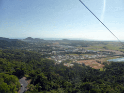 The town of Smithfield and the Kennedy Highway through the tropical rainforest west of Smithfield, viewed from the Skyrail Rainforest Cableway gondola