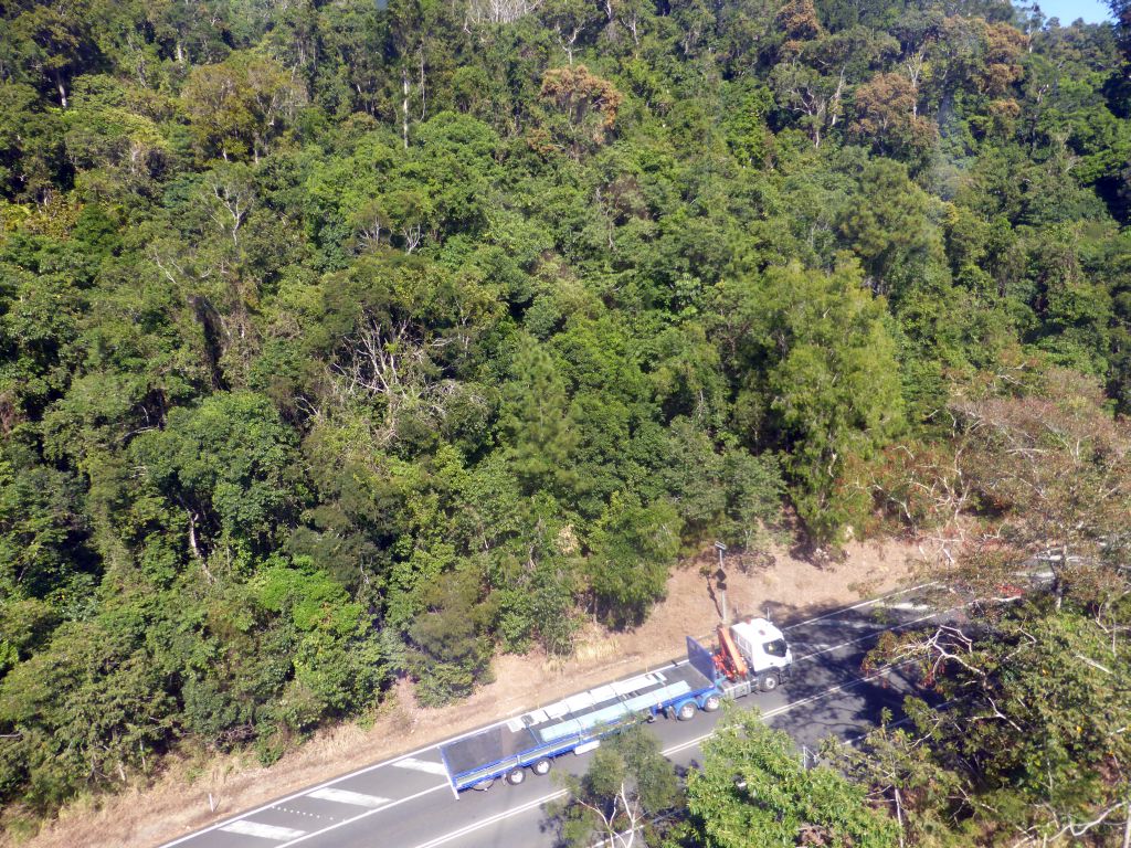 The town of Smithfield and the Kennedy Highway through the tropical rainforest west of Smithfield, viewed from the Skyrail Rainforest Cableway gondola