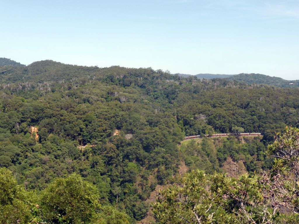 The Kuranda Scenic Railway train at the Barron Falls Railway Station and surroundings, viewed from the Skyrail Rainforest Cableway gondola