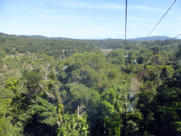 The Kuranda Scenic Railway train at the Barron Falls Railway Station and surroundings, viewed from the Skyrail Rainforest Cableway gondola