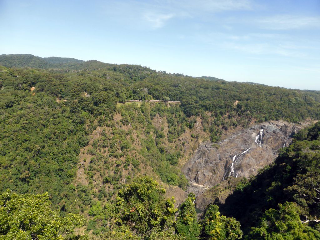 The Kuranda Scenic Railway train at the Barron Falls Railway Station and Barron Falls, viewed from the Skyrail Rainforest Cableway gondola