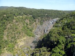 The Kuranda Scenic Railway train at the Barron Falls Railway Station and Barron Falls, viewed from the Skyrail Rainforest Cableway gondola