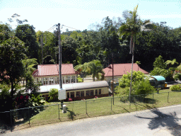 The Kuranda Railway Station with the Kuranda Scenic Railway train, viewed from the Skyrail Rainforest Cableway gondola