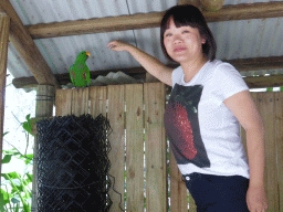 Miaomiao with an Eclectus Parrot at the Birdworld Kuranda park