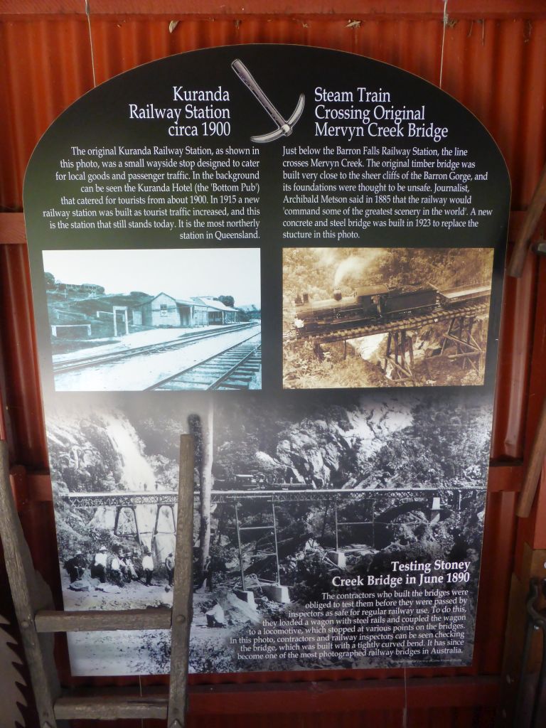 Information on the Kuranda Railway Station, the Mervyn Creek Bridge and the Stoney Creek Bridge at the Pioneer Shed at the Kuranda Koala Gardens