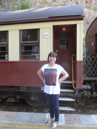 Miaomiao in front of the Kuranda Scenic Railway train at the Barron Falls Railway Station