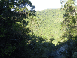 Hills with trees on the other side of the Barron Creek valley, viewed from the Kuranda Scenic Railway train near the Forwards Lookout