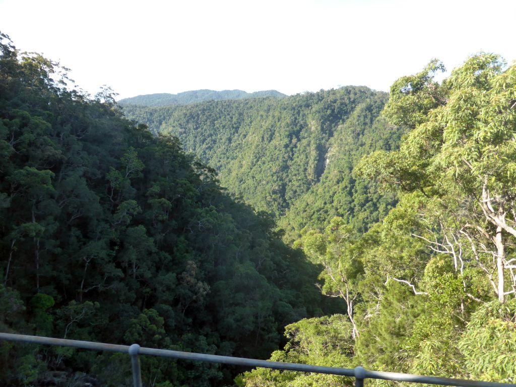 Hills with trees on the other side of the Barron Creek valley, viewed from the Kuranda Scenic Railway train near the Forwards Lookout